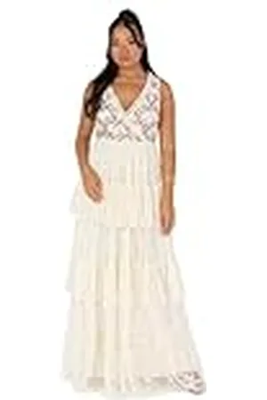 Maya Deluxe Maxi-jurk voor dames, mouwloos, V-hals, gelaagde ruches, pailletten, geborduurde tule A-lijn baljurk, , 34
