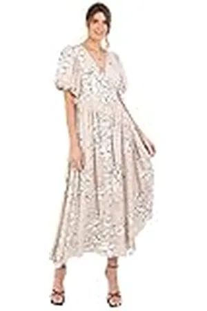 Lovedrobe Maxi-jurk voor dames, korte pofmouwen, V-hals, wikkeltaille, stropdas, A-lijn, avondgelegenheid, bloemenprint, zomer, , 34