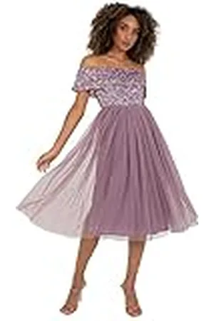 Maya Deluxe Dames Bardot Dresses Midi High Empire Waist Pailletten Embellished Formeel Evening for Wedding Guest Jurk voor bruidsmeisjes dames, , 42 NL