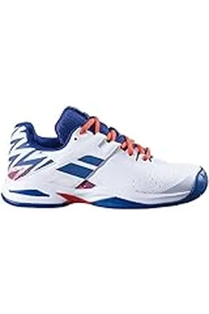 Babolat Propulse All-Court-tennisschoenen voor jongens voor kinderen, ondersteuning, demping en duurzaamheid, brede wikkelriem, ademende Ortholite-zool, Frans merk, /Estate Blue, maat EU 35, White
