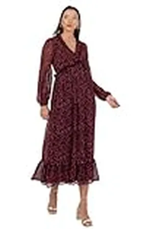 Lovedrobe Midaxi Damesjurk, lange mouwen, V-hals, stropdas, ruffle, detail, A-lijn, bedrukt, smart casual gelegenheid, hot pink, 26, , 54 NL