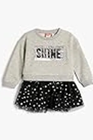 Koton Babygirl Crew Neck Long Sleeve Slogan Printed Sequined Dress, , 12-18 maanden