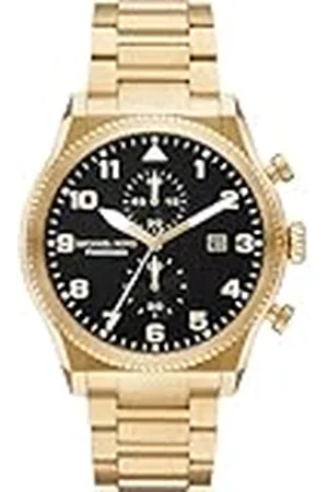Michael Kors Panorama-horloge voor heren, kwartsuurwerk met roestvrijstalen of lederen band, Zwarte en gouden toon, 44MM, armband