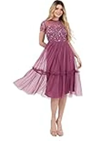 Maya Deluxe Midi-jurk voor dames, ronde hals, doorschijnende korte mouwen, pailletten, verfraaid tule, ruches, A-lijn, bruiloftsgast gelegenheid, , 48