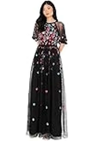 Maya Deluxe Damen Maxi dames baljurk voor dames, voor bruiloftsgast, korte mouwen, gestippeld, bloemen, pailletten, versierd, galajurk, , 50