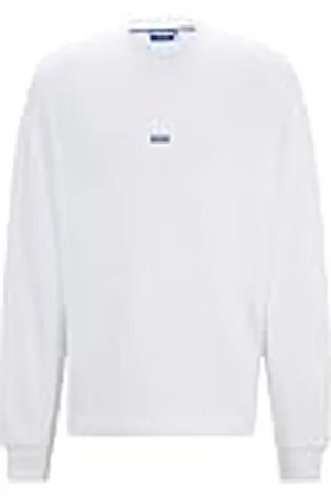 HUGO BOSS Heren Nedro Cotton-terry sweatshirt met blauw logo label, WIT 100, XS