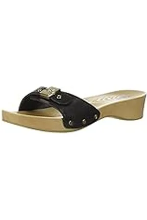 Scholl Shoes Klassieke imitatie-houten schuifsandaal voor dames, Print zwarte slang, 37.5 EU