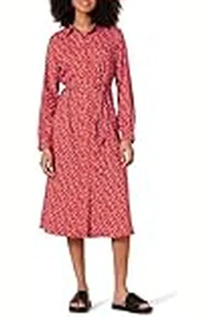 Amazon Dames Georgette lange mouwen midi-lengte hemdjurk, tomatenrood Ditsy bloemen, medium