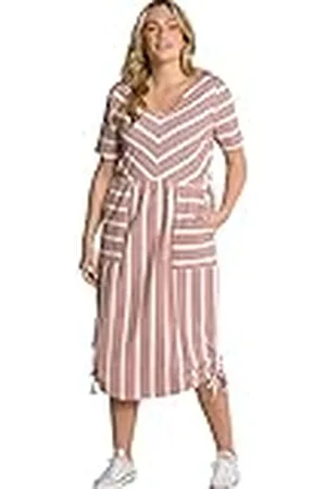 Ulla Popken Midi-jurk voor dames, strepen, V-hals, halflange mouwen, bio-katoenen jurk, , 42