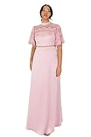 Maya Deluxe Maxi-jurk voor dames met fladderende mouwen, ronde hals, kanten rand, satijn voor bruiloft, gast, avond, gelegenheid, baljurk, , 36