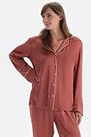 Dagi Dames lange mouwen geweven shirt met pipe detail pyjama top, , 36