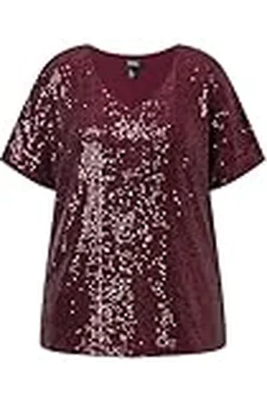 Ulla Popken Dames paillettenshirt, oversized, V-hals, halflange mouwen paillettenshirt met afgesneden mouwen, , 54-56