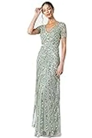 Maya Deluxe Maxi dames verfraaid pailletten jurk lange korte mouw V-hals hoge Empire taille een cut glanzend prom bruiloft bruidsmeisje, , 36