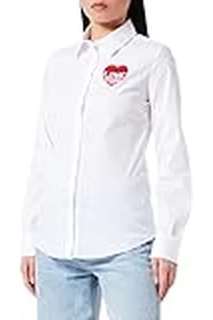 Moschino Damesshirt met lange mouwen en geborduurde Love Storm Knit Effect Heart Shirt, wit-rood, 44