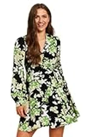 Liquorish Groene bloemenprint mini-wikkeljurk met lange mouwen in zwart, Meerkleurig, 34