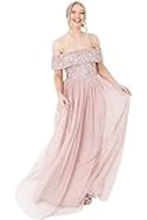 Maya Deluxe Bardot-jurk voor dames, maxi-versierd, hoge Empire-taille, mouwloos, tule, voor bruiloft, gast, eindexamenfeest, bruidsmeisje, , 54
