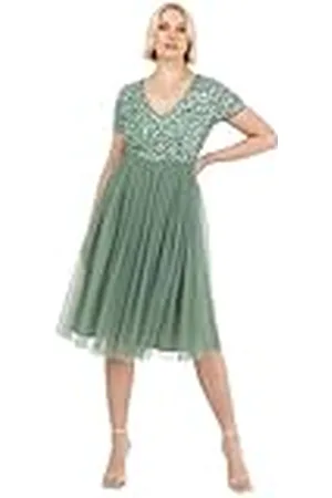 Maya Deluxe Dames verfraaide midi-avondjurk dames V-hals met korte mouw voor prom bruiloft bruidsmeisje, , 6, , 32