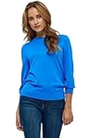 Minus Mersin gebreide trui met ronde hals en 3/4 mouwen | Blauwe truien voor dames UK | Lente dames truien | Maat M