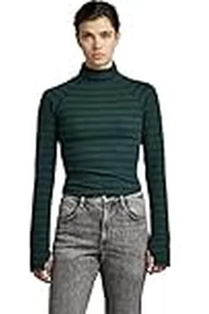 G-Star RAW Vrouwen Geribbelde Mock Slim T-shirt met lange mouwen, Veelkleurig (Laub/Kaviaar Streep D22074-d201-d405), XS