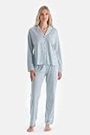Dagi Dames Light Blue Striped Combed Modal Shirt Pyjama Set, XL, , XL