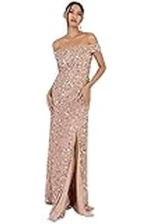 Maya Deluxe Maxi-jurk voor dames, met split, bardot-mouwen, pailletten, avondjurk, voor bruiloft, gast, bruidsmeisje, gala, , 32