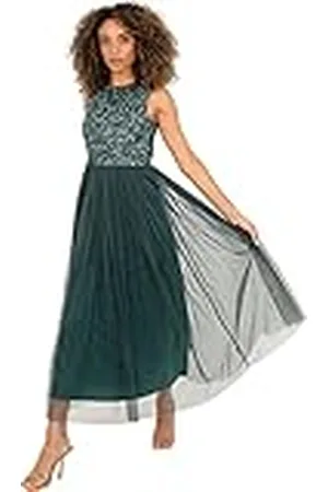 Maya Deluxe Vrouwen Midaxi Jurk Dames Mouwloze Pailletten Hoge Empire Taille Tule Versierd voor Bruiloft Gast Bal Bruidsmeisje, , 38
