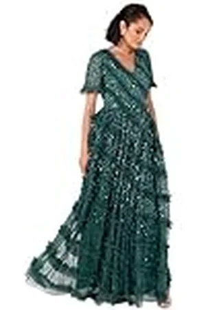Maya Deluxe Maxi-jurk voor dames, V-hals, korte mouwen, pailletten, versierd, ruffle tule, A-lijn, bruidsmeisje, evenement bal, galajurk, , 42