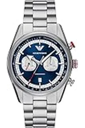 Emporio Armani Horloge Voor Mannen, Chronograaf uurwerk met 2 wijzerplaten en kastmaat 43 mm met roestvrij stalen, leren of siliconen bandZilvertint en blauw