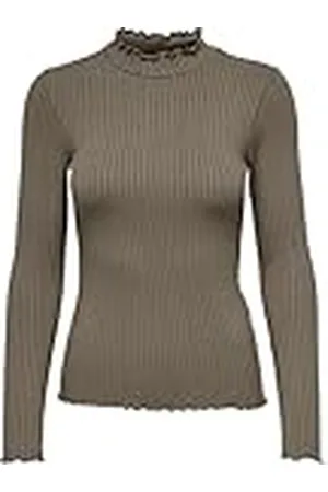 JDY Dames Dunne Lange Mouw Shirt Basis Ronde Hals Staande Kraag Stretch Top FRANSISKA, Colour:Brown, Size:XS