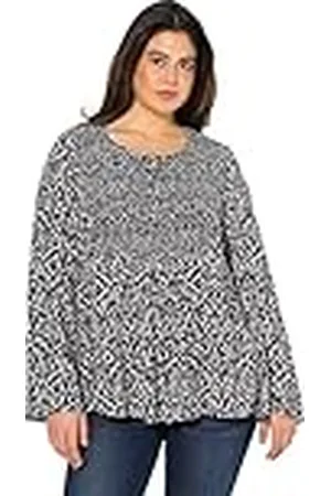 Ulla Popken Grote maten grote maten plus size blouse, gesmokt, ronde hals, uitlopende lange mouwen, , 46/48 NL