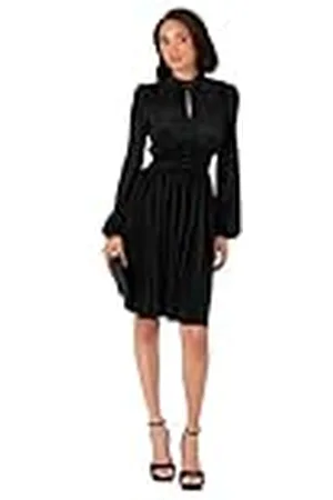 Lovedrobe Mini-jurk voor dames, lange ballonmouwen, hoge hals, sleutelgatdetail, pasvorm & flare plissé, cocktail, avondgelegenheid, 12, , 38