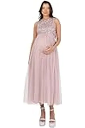 Maya Deluxe Zwangerschapsjurk voor dames, Midaxi, mouwloos, pailletten, versierd met tule en ronde hals, bruidsmeisje, roze, maat 14, , 40