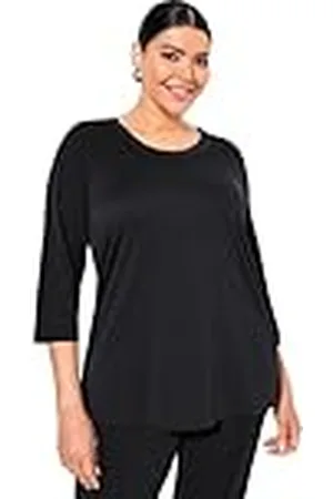 Ulla Popken Dames grote maten grote maten plus size shirt, geribbelde manchetten, ronde hals, 3/4-mouw, , 58-60