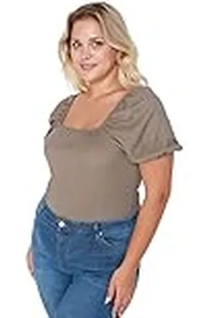 Trendyol Vrouwen vrouw slanke Bodycon vierkante kraag breien plus grootte blouse shirt, nertsen kleur, 4XL, , 4XL
