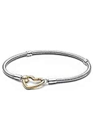 PANDORA Moments Herzverschluss Schlangen-Gliederarmband aus Sterling-Silber und 14 Karat vergoldeter Metalllegierung - kompatibel Moments Armbänder - Größe: 23cm