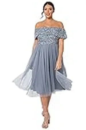 Maya Deluxe Bardot-jurken voor dames, midi-hoge empire-taille, pailletten, verfraaid, formele avond voor bruiloftsgast, bruidsmeisje, , 40