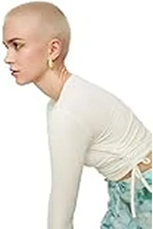 Trendyol EKRU Shirred Crop Gebreide Blouse, , L