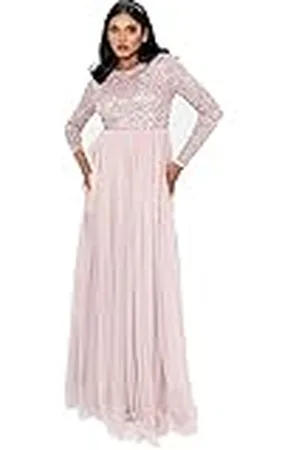 Maya Deluxe Frosted Pink Embellished Long Sleeve Maxi Dress bruidsmeisjesjurk dames, roze., 52 NL
