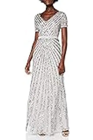 Maya Deluxe Maxi dames verfraaid pailletten jurk lange korte mouw V-hals hoge Empire taille een cut glanzend prom bruiloft bruidsmeisje, , 34
