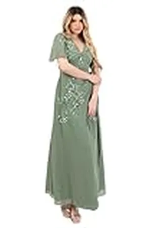 Maya Deluxe Maxi-jurk voor dames, V-hals, korte engelenmouwen, wikkeljurk, pailletten, verfraaid, chiffon, stropdas, avondgelegenheid, baljurk, , 48