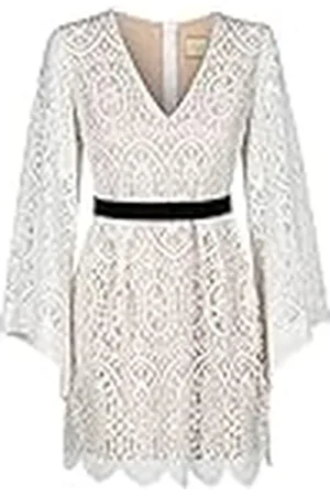 Swing Mini-jurk voor dames, elegante jurk, feestelijke jurk, avondjurk, bruiloftsjurk, cocktailjurk, kanten jurk, V-hals, lange mouwen, , 34 (XS), , XS