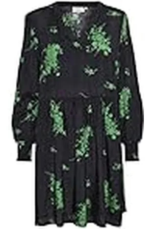 Kaffe Damesjurk, lange mouwen, V-hals Below The Knee, casual, zwart/groen, 2-kleurige bloem, 40