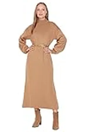 Trendyol Woman Design Midi Jile V-hals Knitwear Jurk Dames, Kameel., S