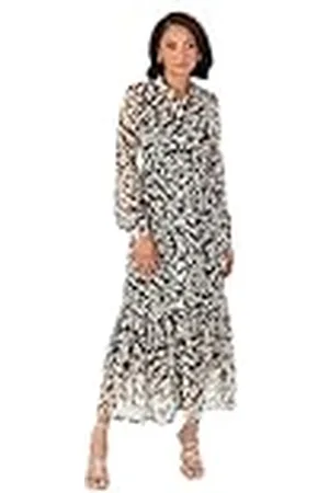 Lovedrobe Dames Midaxi Jurk Dames Shirt Kraag Lange Mouw Bloemen Elastische Taille Gouden Textuur Smart Casual Kantoorkleding, 20, , 46