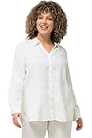 Ulla Popken Dames grote maten plus size blouse, linnen, open kraag, lange mouwen, offwhite 58+ 794882200-58+, , 58-60