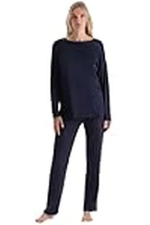 Dagi Dames Navy Satin Garnished Long Sleeve T-Shirt Broek Pyjama Set, XL, , XL