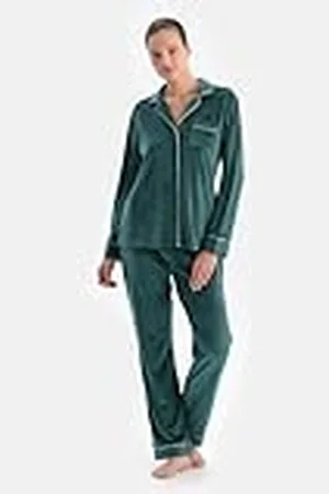 Dagi Dames Petrol Green Velvet Shirt Broek Pyjama Set, S, , S