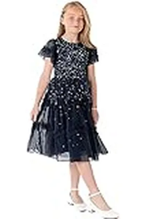 Maya Deluxe Meisjesjurk Pailletten Ruches Sprankelende Party Korte Mouw Midi Bruiloft Gast Tutu Frilly Kids Childrens Prom Bruidsmeisje, , 3-4 jaar