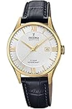 Festina Horloge voor heren F20010/2 Swiss Made Gold roestvrij stalen case zwart lederen band, , groß, armband