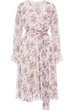 Swing Wit en , luchtige, midi-jurk met lange mouwen met bloemen van Freja | maat 36, , 36